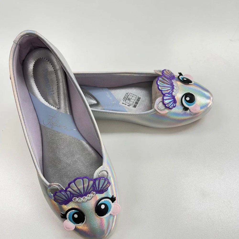Pampili Fofura Kids Silver Holographic Mermaid Seashell Character Flats Sz 35